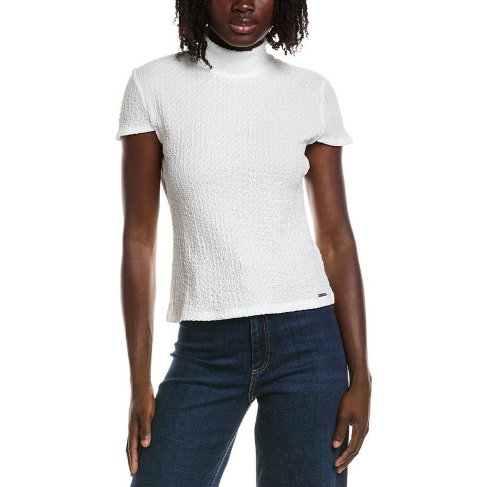 T Tahari Womens  Cap Sleeve Mock Neck Top, White